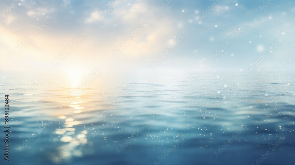 Obraz premium Abstract seascape with a dreamy, blurred background of a tranquil shoreline, where the calm sea meets a clear blue sky, creating a sense of peace and serenity.