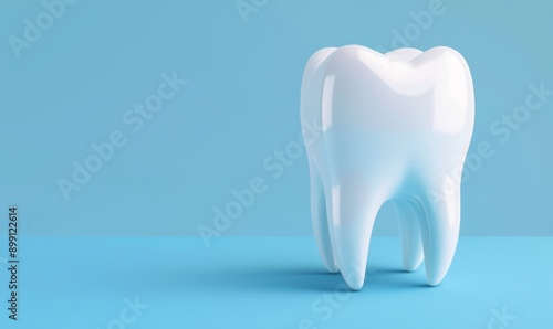 Tooth on light blue background with copyspace. Template for dentist clinic banner background.