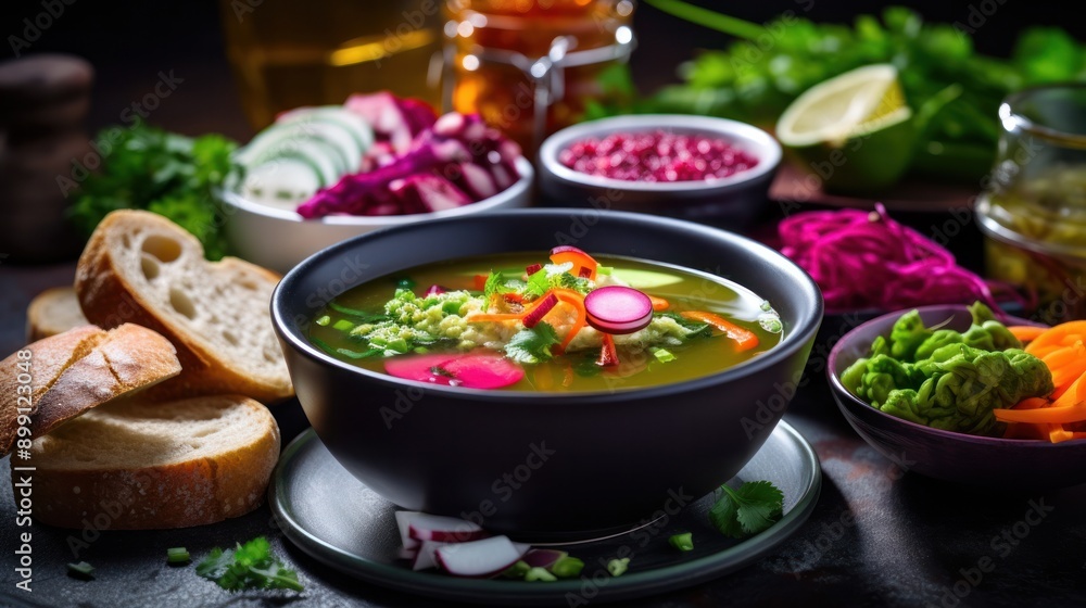 Close-up of a vibrant vegetable soup with a mix of colorful ingredients, served alongside vegan sandwiches filled with tofu, lettuce, and pickled onions Close-up of a vibrant vegetable soup with a mix of colorful ingredients, served alongside vegan sandwiches filled with tofu, lettuce, and pickled onions