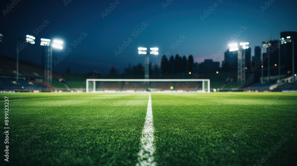Close-up view of a soccer field at dusk, with the focus on the vibrant green grass and the surrounding floodlit stands Close-up view of a soccer field at dusk, with the focus on the vibrant green grass and the surrounding floodlit stands