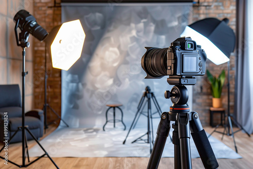 A photography studio setup with a professional camera