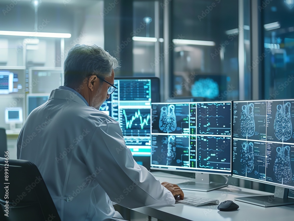 Fototapeta premium A doctor using digital twin technology in healthcare to monitor a patients virtual model