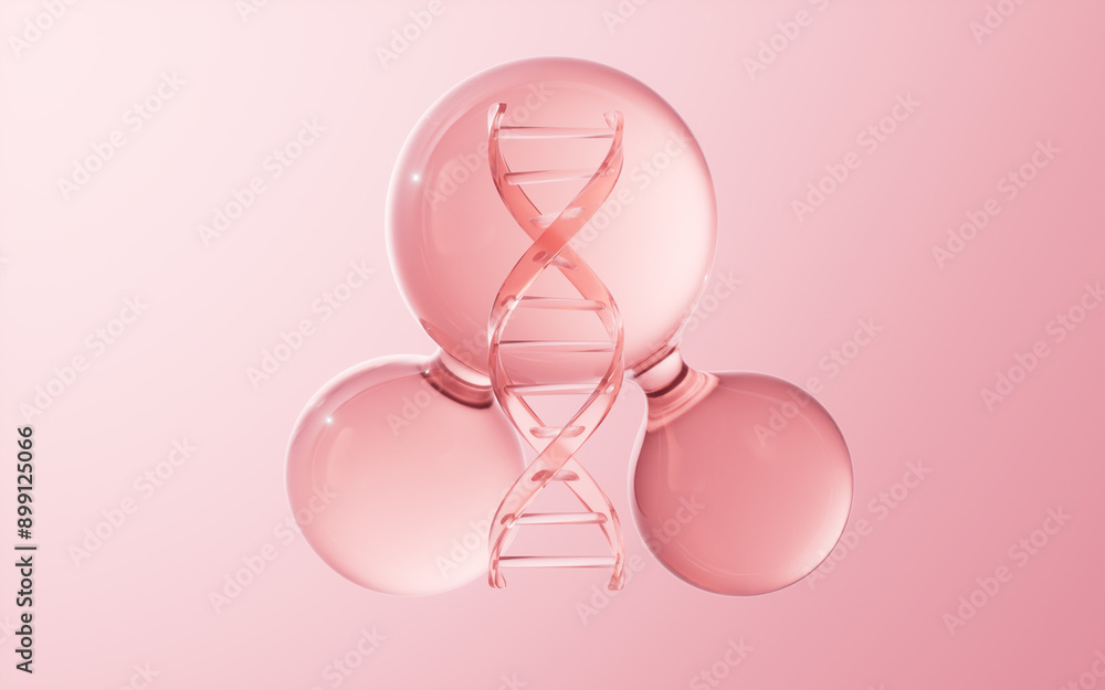 Fototapeta premium Pink DNA and soft bubbles background, 3d rendering.