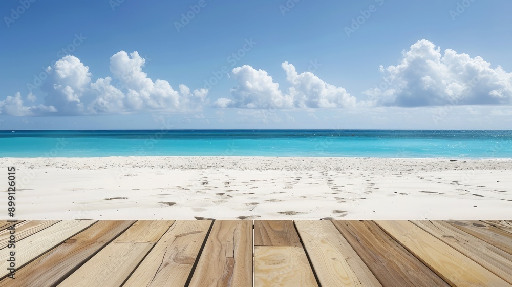 Fototapeta premium Polished wooden table on a beach, white sand and bright blue ocean under a clear sky, Realistic, High Contrast