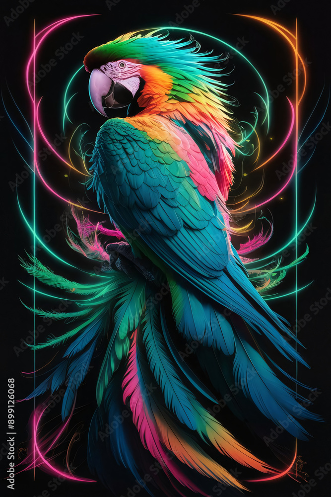 Fototapeta premium Radiant Rainbow Macaw: Neon Avian Elegance
