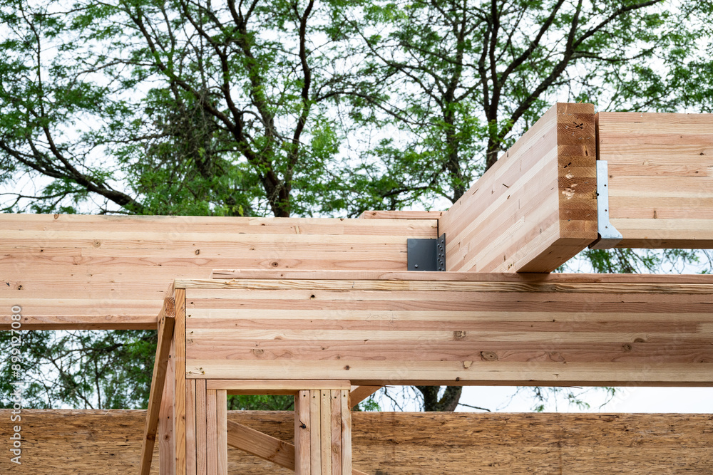 Closeup detail of new house construction, wall wood framing started and glue laminate header beam installed, structural support
Closeup detail of new house construction, wall wood framing started and glue laminate header beam installed, structural support