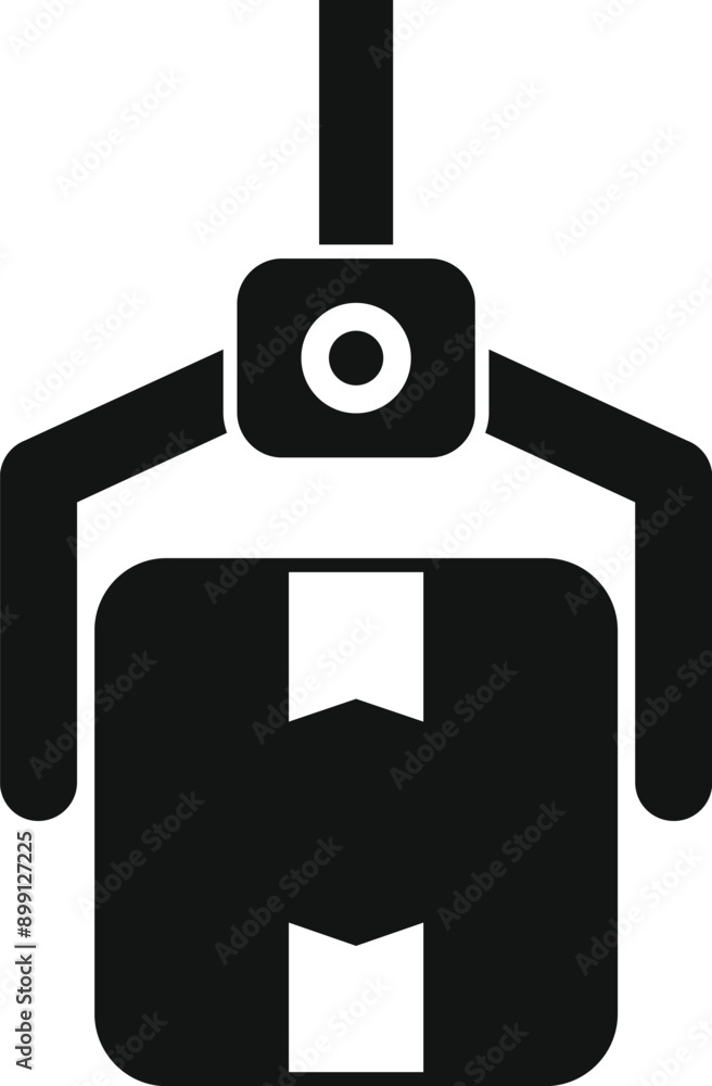 Silhouette icon of a robotic arm lifting a cardboard box, representing automation in logistics and manufacturing Silhouette icon of a robotic arm lifting a cardboard box, representing automation in logistics and manufacturing
