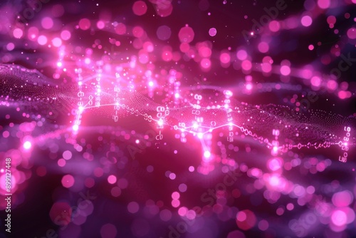 A vibrant, digital artwork depicting a neon pink and purple abstract background. The image features a flow of light waves and particle trails, creating a mesmerizing, futuristic effect. 