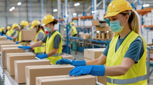 Warehouse employees wearing protective gear packing boxes on a conveyor belt, highlighting industrial efficiency and workplace safety.