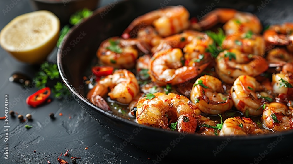 Close-Up of Fried Shrimps with Herbs and Spices in a Black Pan Close-Up of Fried Shrimps with Herbs and Spices in a Black Pan
