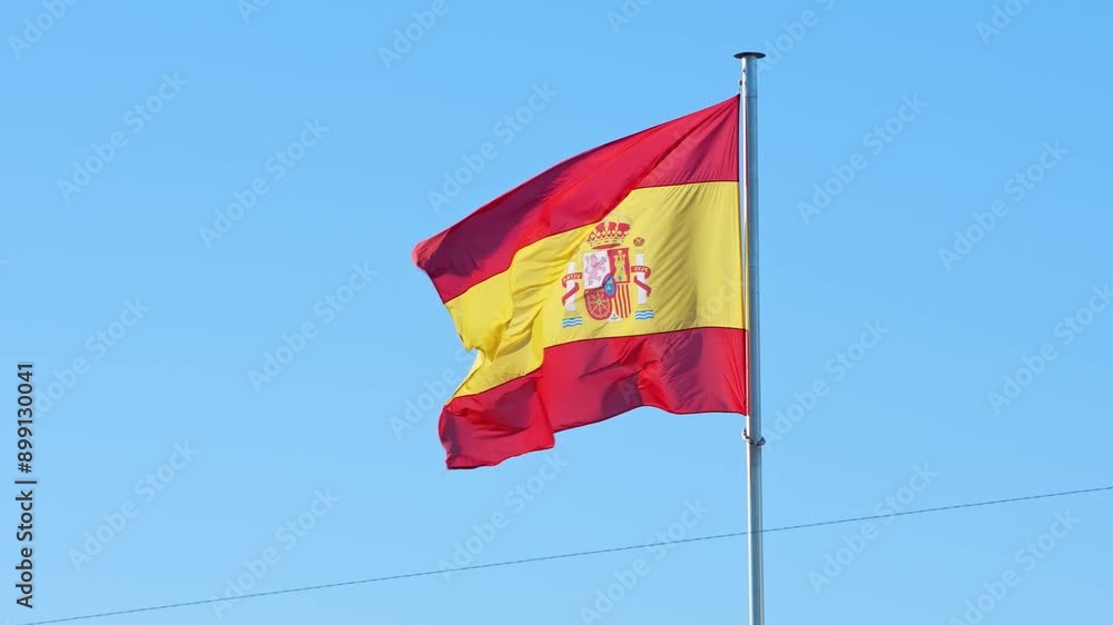 Spanish flag waving in wind with blue sky. Spain banner blowing, soft and smooth silk. Cloth fabric texture ensign background. Use it for national day and country occasions concept. Spanish flag waving in wind with blue sky. Spain banner blowing, soft and smooth silk. Cloth fabric texture ensign background. Use it for national day and country occasions concept.
