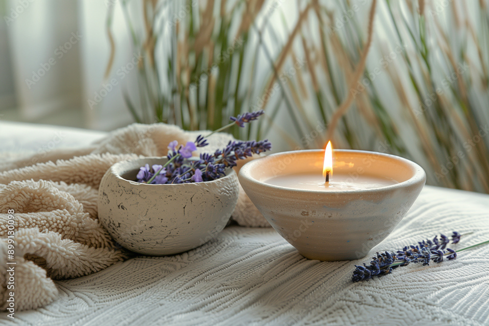 A serene self care setup with a scented candle A serene self care setup with a scented candle