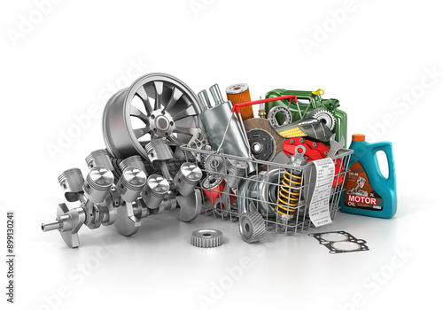 Basket from a shop full of auto parts. Auto parts store. Automotive basket shop. 3d illustration