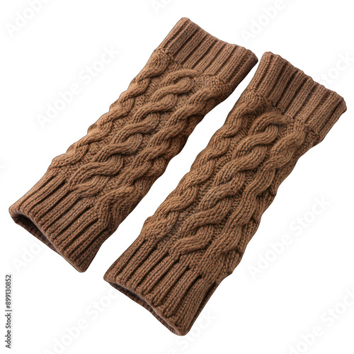 Brown knitted cable knit arm warmers isolated on transparent background photo