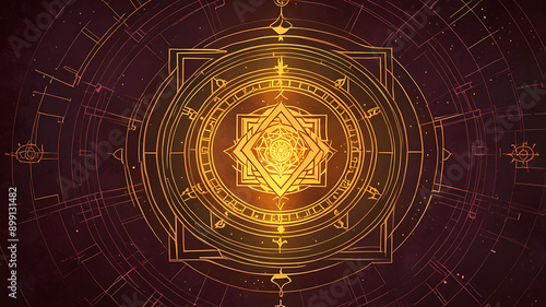 A digital illustration of a Vastu Yantra, a sacred geometric diagram used for meditation and spiritual guidance, with intricate patterns and a radiant glow, with space for text.