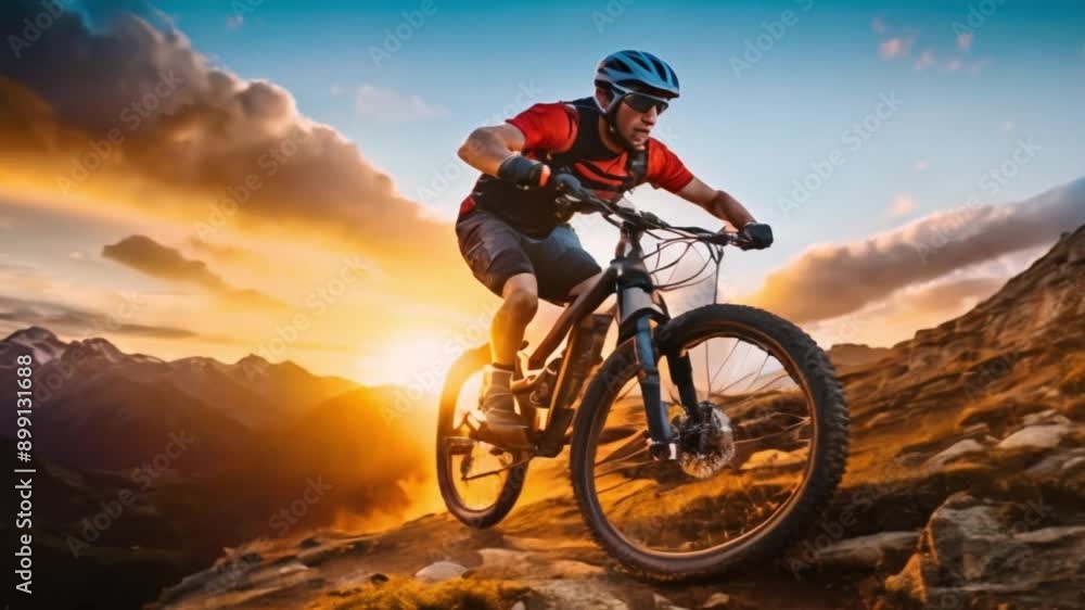 Mountain Bike cyclist riding single track at sunrise healthy lifestyle active athlete doing sport Mountain Bike cyclist riding single track at sunrise healthy lifestyle active athlete doing sport
