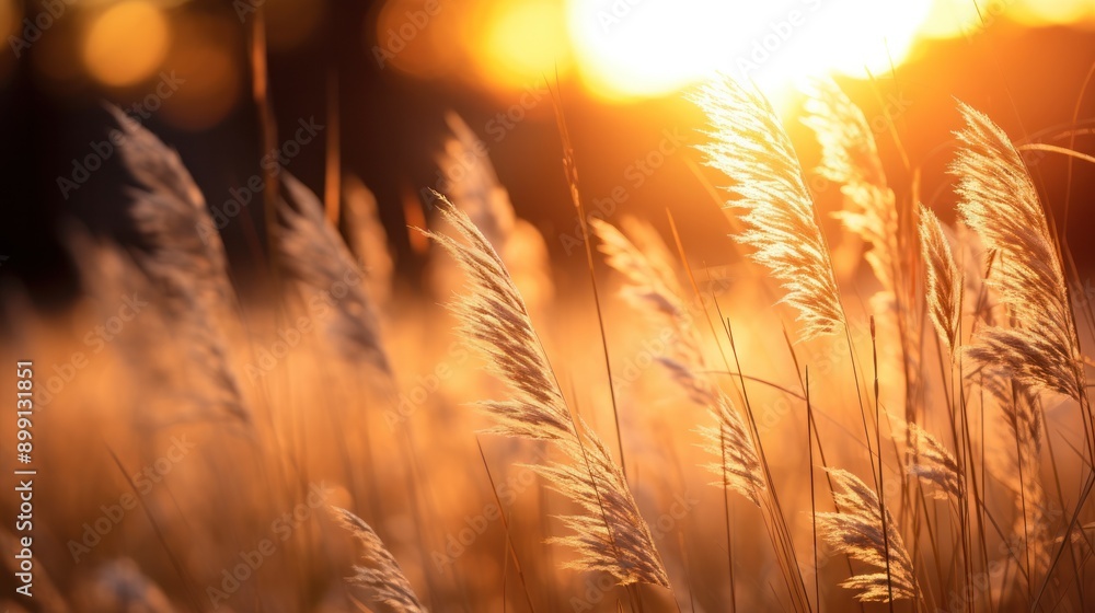 Wild grass gently swaying in the evening breeze, bathed in the soft, golden glow of sunset within a peaceful forest Wild grass gently swaying in the evening breeze, bathed in the soft, golden glow of sunset within a peaceful forest