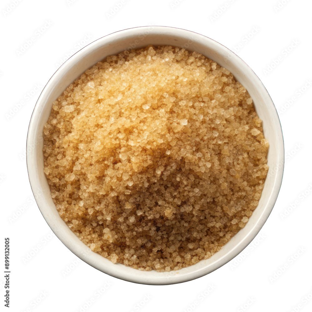 Brown sugar on white bowl top view isolated on transparent background Brown sugar on white bowl top view isolated on transparent background