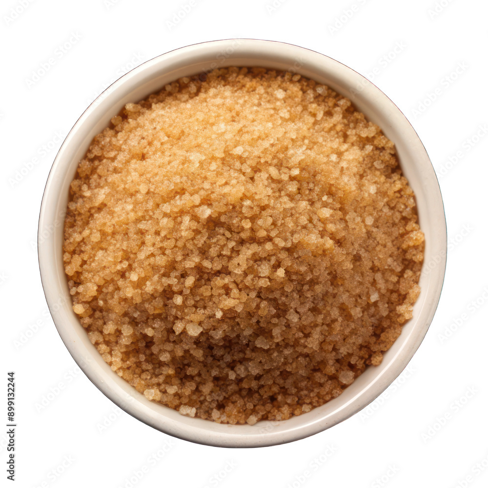 Brown sugar on white bowl top view isolated on transparent background Brown sugar on white bowl top view isolated on transparent background