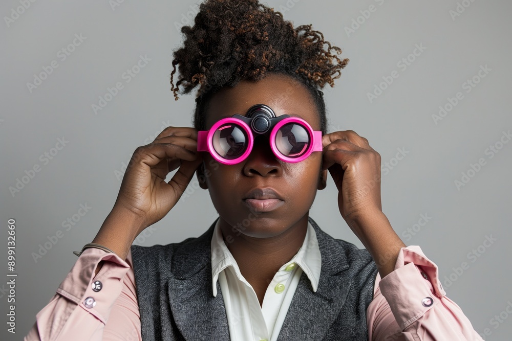 An African-American woman in a vest with pink binoculars An African-American woman in a vest with pink binoculars