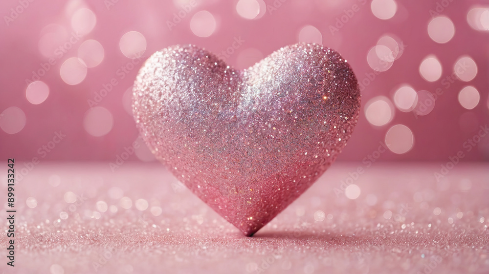 Fototapeta premium Sparkling pink heart ornament with a soft, romantic bokeh background, suitable for festive and love themes.