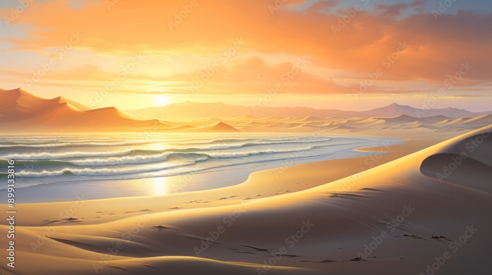 A golden sun sets behind the horizon, casting warm hues over the undulating sand dunes and gentle waves of the beach A golden sun sets behind the horizon, casting warm hues over the undulating sand dunes and gentle waves of the beach