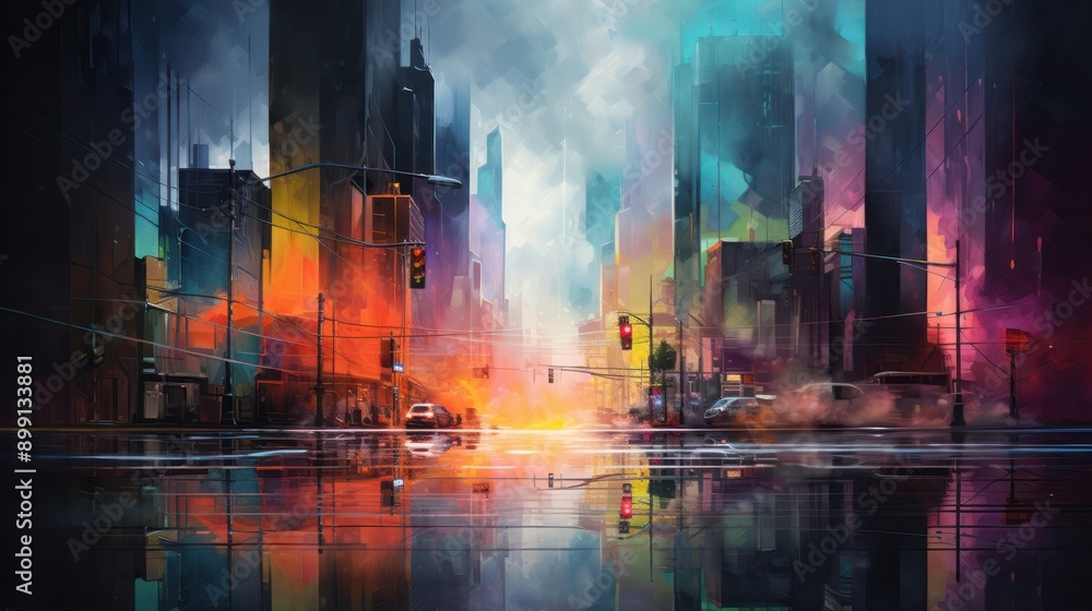 Fototapeta premium Urban landscape with vibrant neon reflections shimmering in a haze of smoke