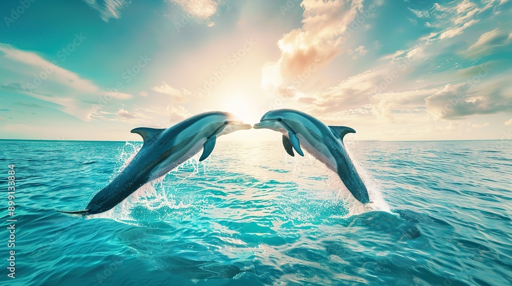 Graceful dolphins leaping in heart shape under tropical sun in crystal clear ocean waters Graceful dolphins leaping in heart shape under tropical sun in crystal clear ocean waters