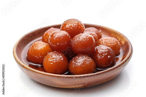 Plate of tasty Gulab Jamun with on white background. photo