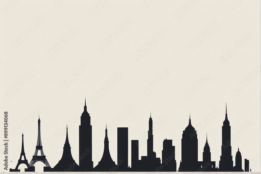 Fototapeta premium A minimalist skyline with iconic buildings reduced to their basic shapes.