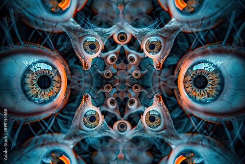 abstract kaleidoscope of eerie eyeballs peering out of the darkness photo