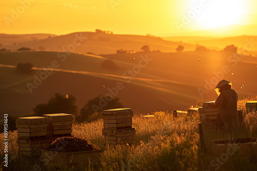 A beekeeper working in a field at sunset, with beehives and rolling hills in the background, symbolizing agriculture and sustainability.