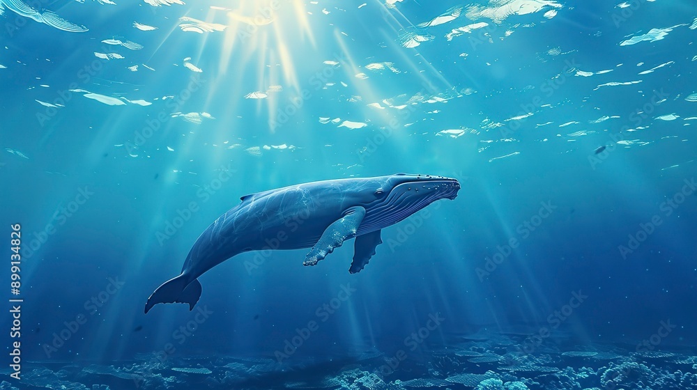 Big blue whale swim in depths of ocean above coral reefs. Sun shines on whale through water. Minimalistic marine display. Banner with copy space. World Whale and Dolphin Day Big blue whale swim in depths of ocean above coral reefs. Sun shines on whale through water. Minimalistic marine display. Banner with copy space. World Whale and Dolphin Day