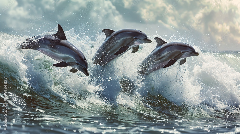 Obraz premium A group of dolphins playfully leaping in the waves 