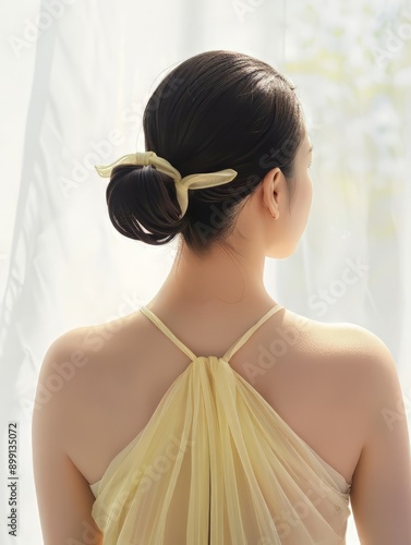 Woman in a Yellow Dress Looking Out a Window photo