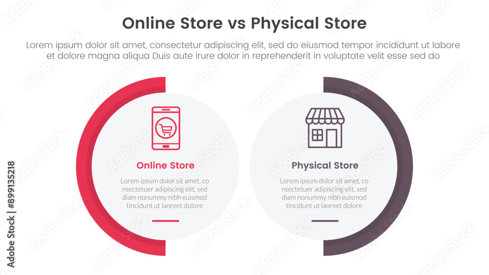 online store vs brick mortar or physical store comparison concept for infographic template banner with big circle shape variation with two point list information online store vs brick mortar or physical store comparison concept for infographic template banner with big circle shape variation with two point list information