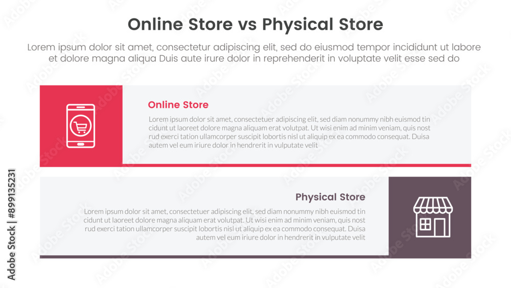 online store vs brick mortar or physical store comparison concept for infographic template banner with long rectangle box horizontal stack with two point list information online store vs brick mortar or physical store comparison concept for infographic template banner with long rectangle box horizontal stack with two point list information