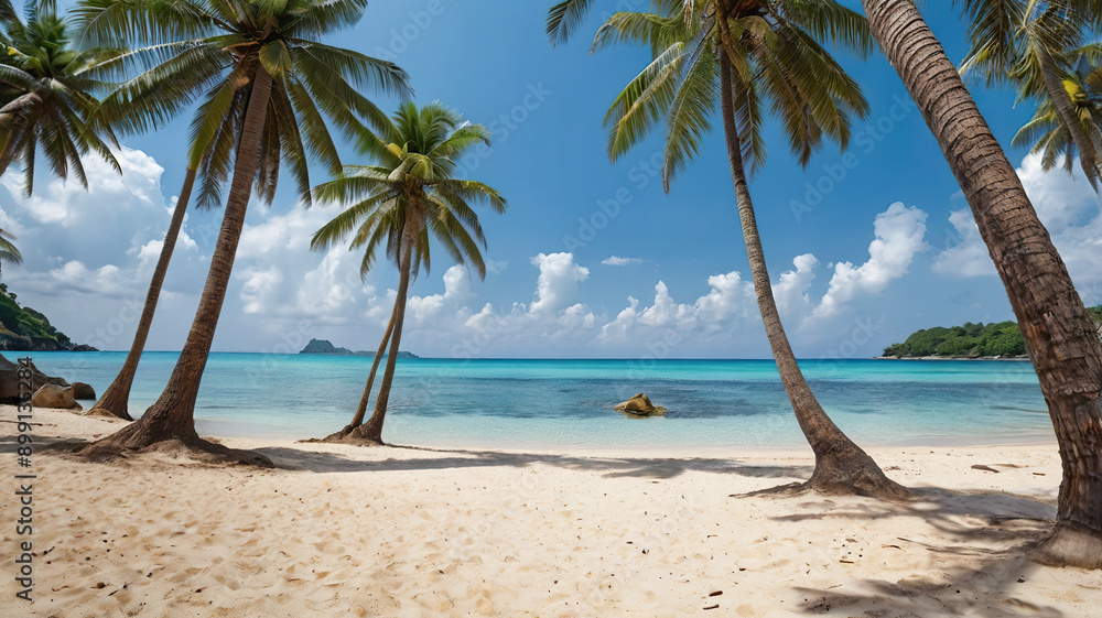 Beautiful tropical beach scene with swaying palm trees, azure water, and soft white sand under bright blue skies. Beautiful tropical beach scene with swaying palm trees, azure water, and soft white sand under bright blue skies.