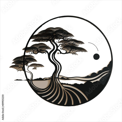 Circular silhouette of a majestic tree vector art style roots gripping tightly into the earth