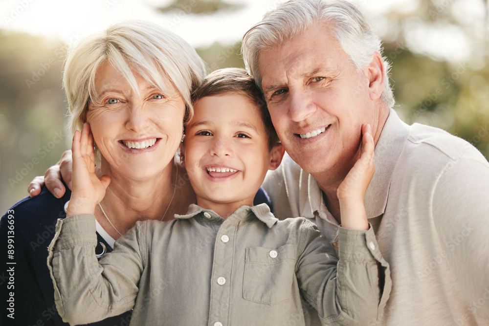 Family, portrait and boy with grandparents in backyard for support, happiness or weekend break. Hug, young child and senior man with woman for affection, comfortable or bonding together in garden Family, portrait and boy with grandparents in backyard for support, happiness or weekend break. Hug, young child and senior man with woman for affection, comfortable or bonding together in garden