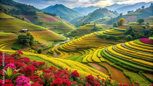Vibrant terraced rice fields in Sapa, Vietnam, bursting with colorful blooms , Sapa, Vietnam, terraced fields, rice