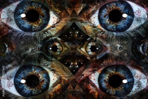 abstract kaleidoscope of eerie eyeballs peering out of the darkness photo