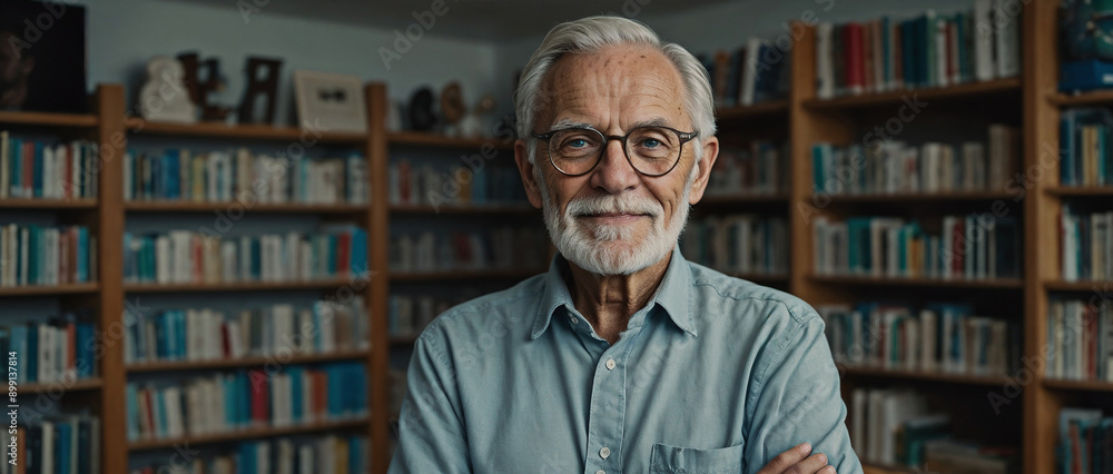 An elderly professor smiles as he poses with his arms crossed in front of a shelf full of books. teaching concept An elderly professor smiles as he poses with his arms crossed in front of a shelf full of books. teaching concept