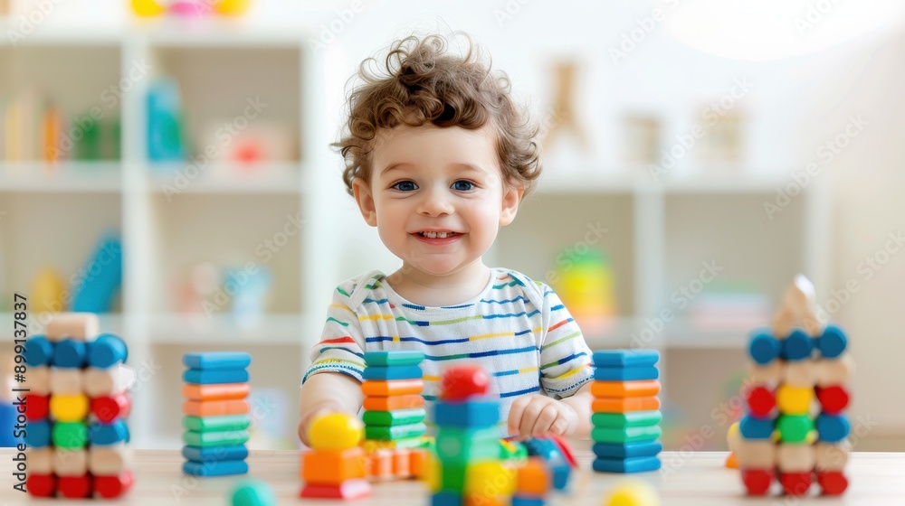A joyful child playing with colorful building blocks, fostering creativity and imagination in a bright, engaging environment. A joyful child playing with colorful building blocks, fostering creativity and imagination in a bright, engaging environment.