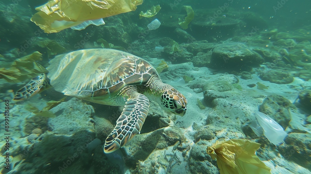 Fototapeta premium A sea turtle is surrounded by plastic bags under the sea.