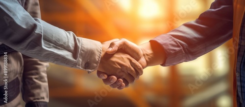 engineer and construction worker shaking hands, to work together, construction building background and sunlight beam, light, orange, blue