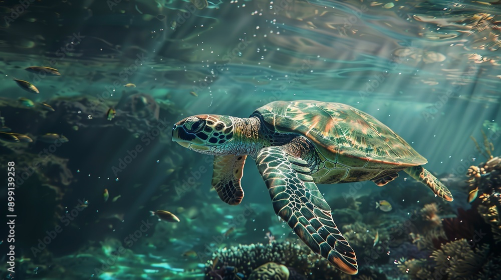 Fototapeta premium A sea turtle swimming underwater in tropical ocean 