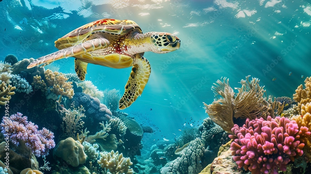 Fototapeta premium Green sea turtle swimming on coral reef in tropical sea. Green sea tortoise swimming underwater 