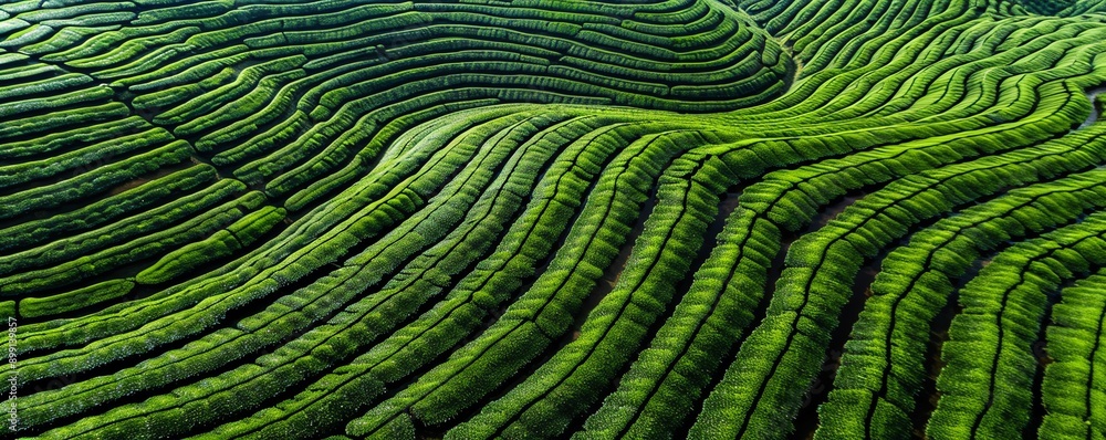 Fototapeta premium Aerial view of coffee plantation terraces, structured and green, Coffee plantation terraces, aesthetic farming
