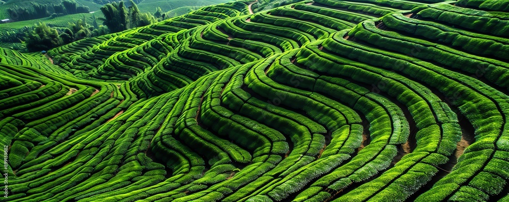 Aerial view of coffee plantation terraces, structured and green, Coffee plantation terraces, aesthetic farming Aerial view of coffee plantation terraces, structured and green, Coffee plantation terraces, aesthetic farming